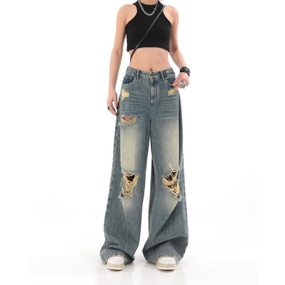American high street black ripped jeans Women's Spring and Autumn New ins fashion brand straight loose mop wide-leg trousers