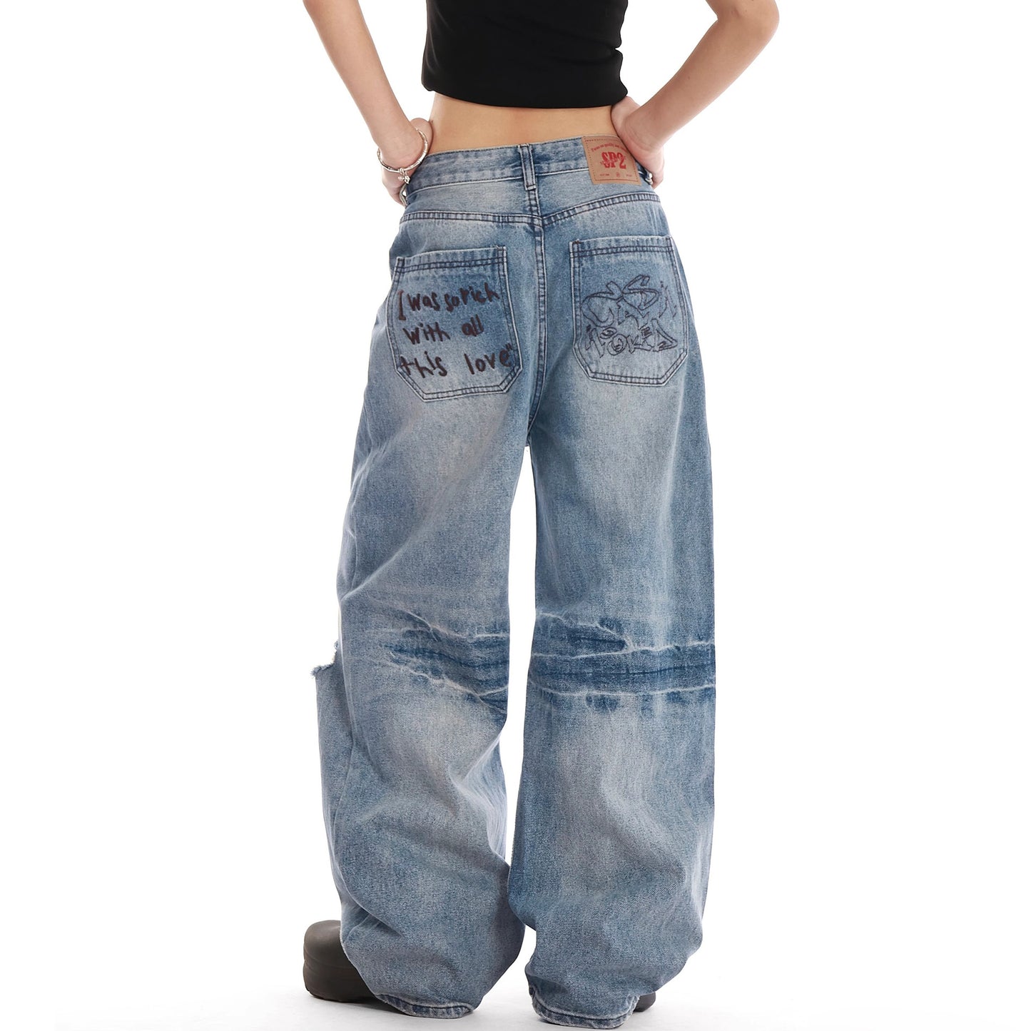 Retro washed distressed embroidered ripped straight jeans women's summer new American wide leg mop pants fashion