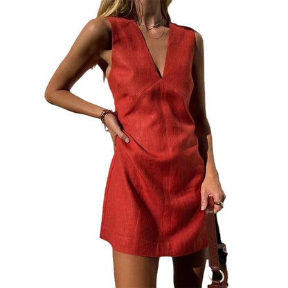 European and American style sexy hot girl V-neck cotton and linen sleeveless dress women's summer cross-border straight skirt slim vest skirt