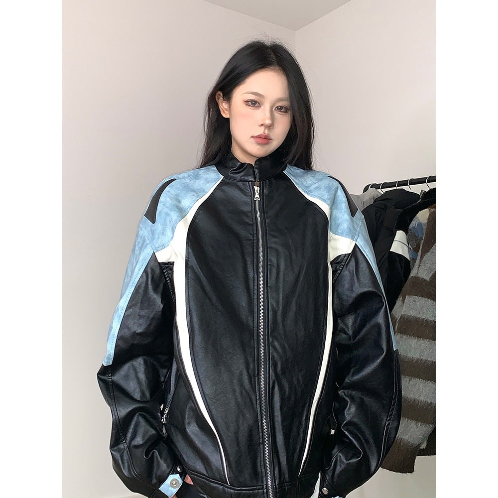 American color matching motorcycle jacket girls' spring and autumn 2024 New loose trendy windproof jacket casual top