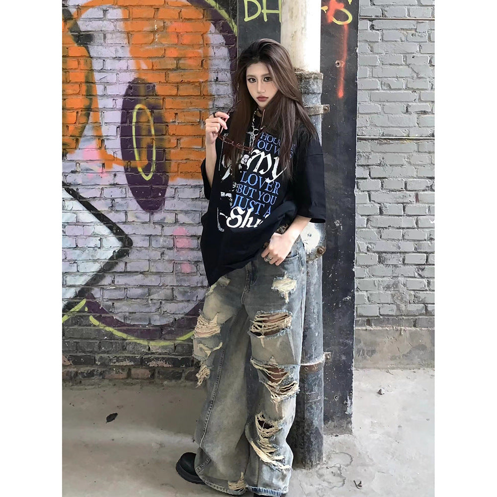 Waste soil style ripped jeans women's summer American retro blue High Street straight loose distressed wide-leg pants tide