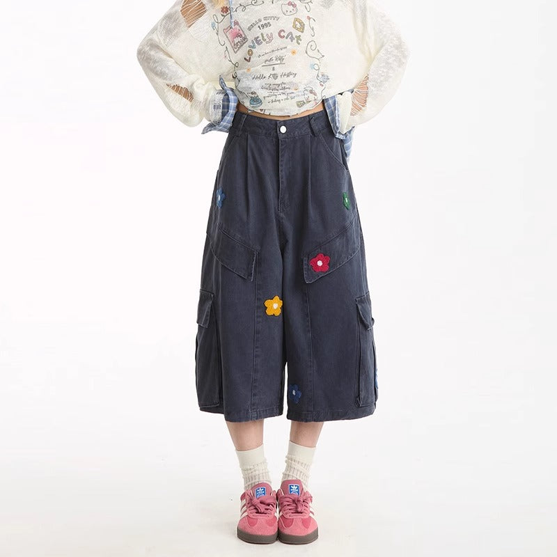 American flower towel embroidery design sense workwear cropped pants women's New straight summer lazy jeans