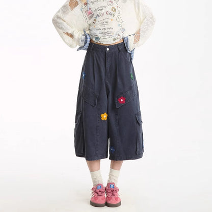 American flower towel embroidery design sense workwear cropped pants women's New straight summer lazy jeans