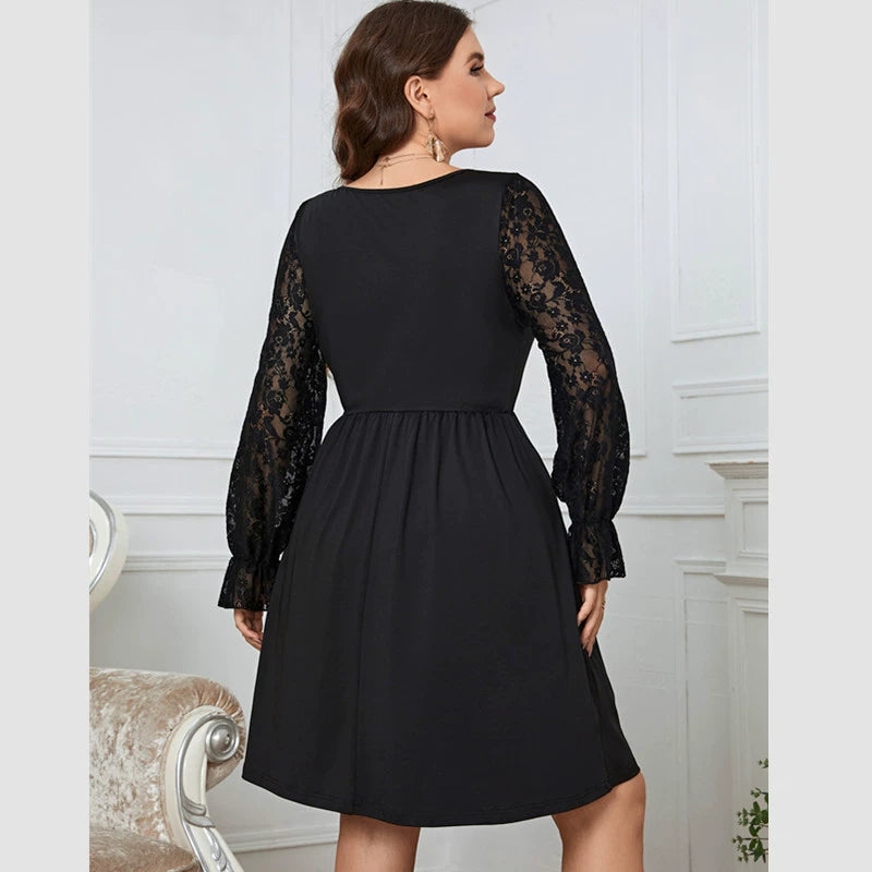 plus Size Women's Clothing Plus Size Ladies Sexy Lace Stitching Long Sleeve round Neck Simple Graceful Black Dress Slimming Youthful-Looking Dress