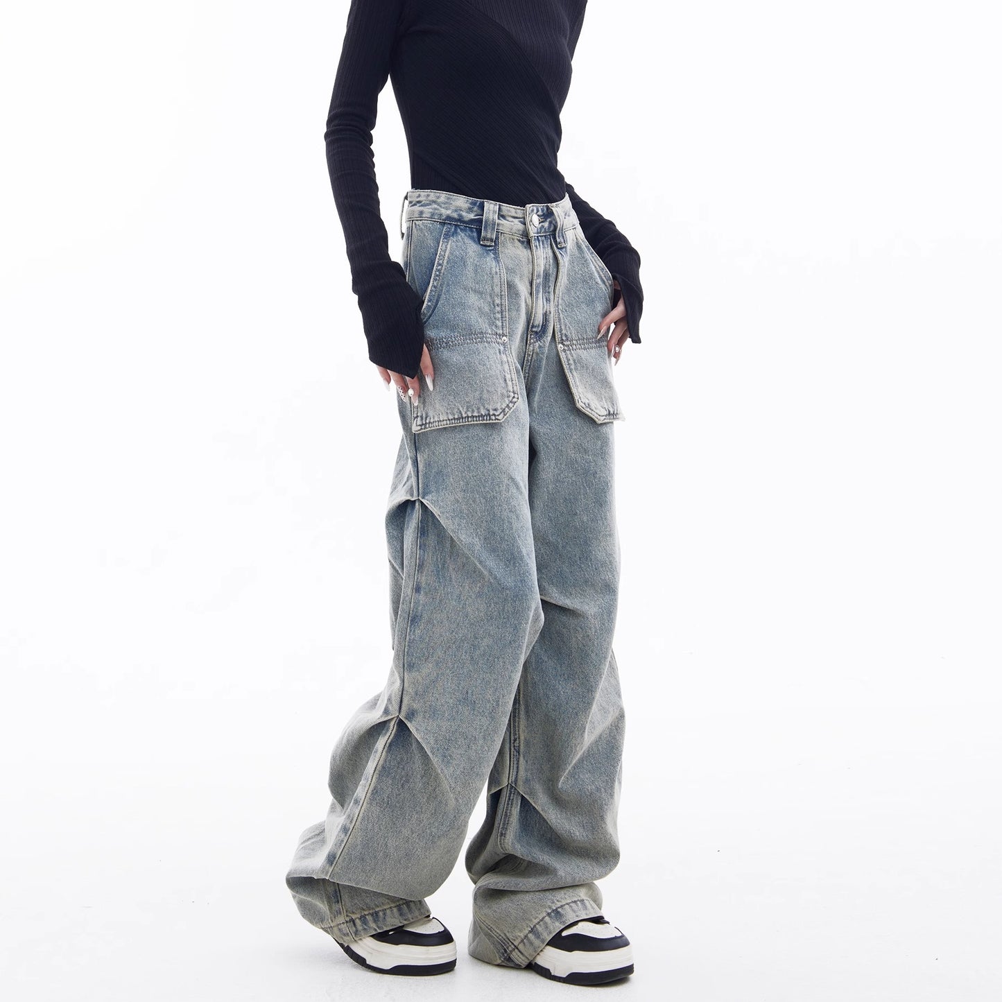 American workwear jeans for women 2024 Spring and Autumn New High waist retro loose design wide leg high street pants