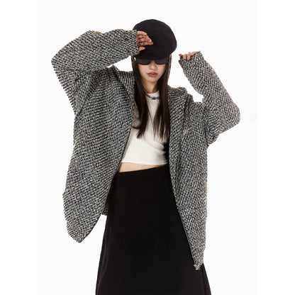 High-grade woven texture design sense sweater cardigan Women's American style 2024 hooded coat women's spring and autumn coat fashion