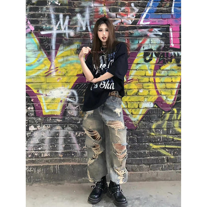 Waste soil style ripped jeans women's summer American retro blue High Street straight loose distressed wide-leg pants tide