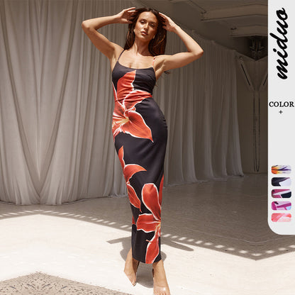 Foreign trade boutique summer sexy suspender skirt digital printing slim high waist sheath fashion beach travel dress