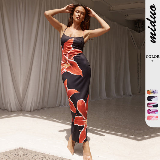 Foreign trade boutique summer sexy suspender skirt digital printing slim high waist sheath fashion beach travel dress