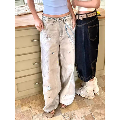 High street retro splash-ink design worn jeans female 2025 summer new dirty dyed straight slim-fit wide-leg pants
