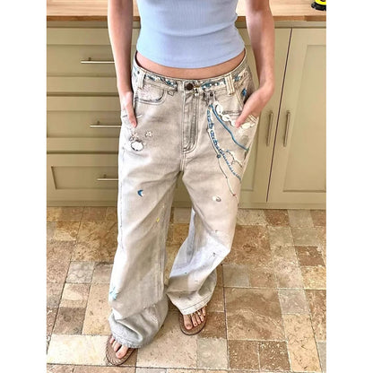 High street retro splash-ink design worn jeans female 2025 summer new dirty dyed straight slim-fit wide-leg pants
