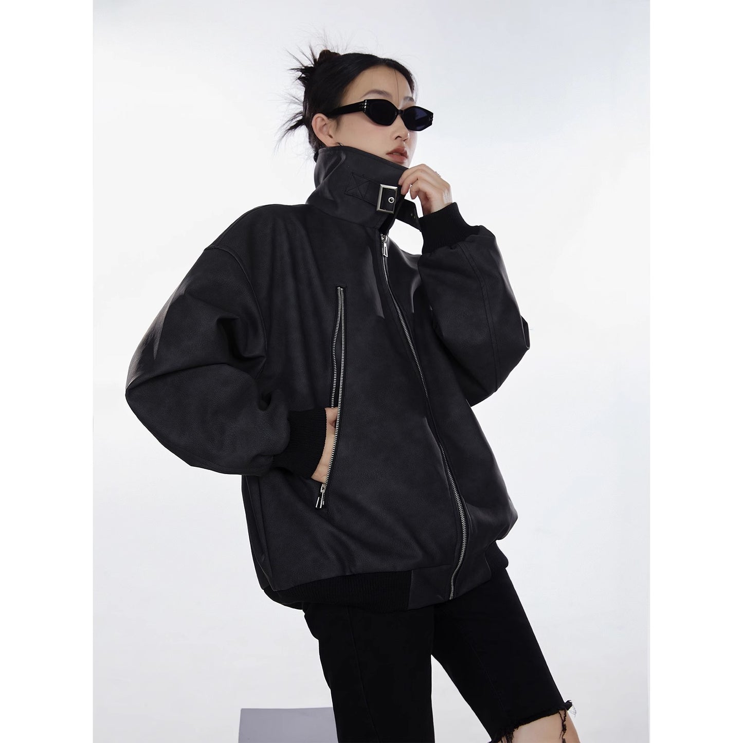 American Retro High Street distressed design stand collar coat for women Spring and Autumn New loose trendy versatile jacket top