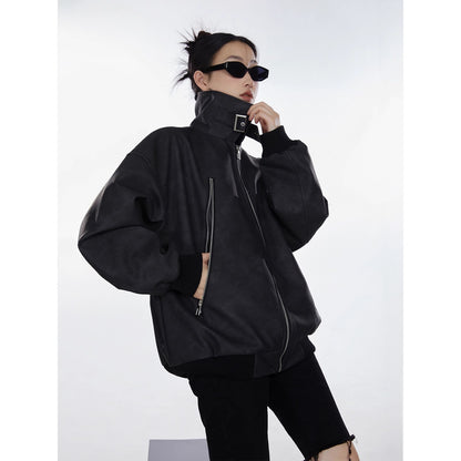 American Retro High Street distressed design stand collar coat for women Spring and Autumn New loose trendy versatile jacket top