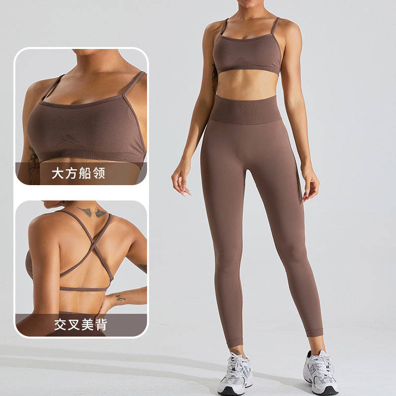 European and American seamless beauty back yoga clothes suit women's outdoor running skinny yoga pants quick-drying sports fitness clothes suit