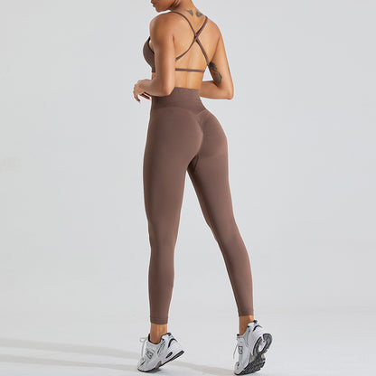 European and American seamless beauty back yoga clothes suit women's outdoor running skinny yoga pants quick-drying sports fitness clothes suit