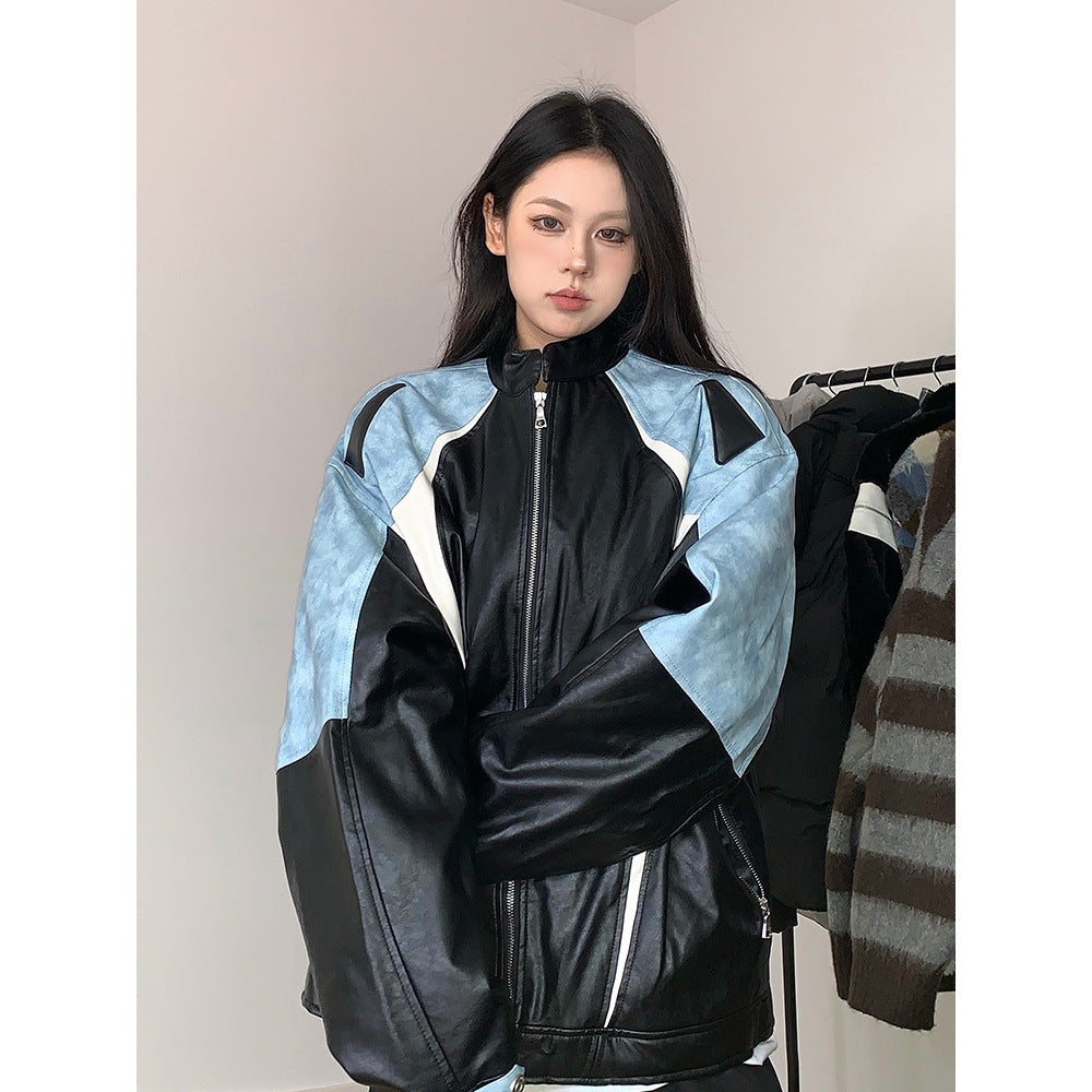 American color matching motorcycle jacket girls' spring and autumn 2024 New loose trendy windproof jacket casual top