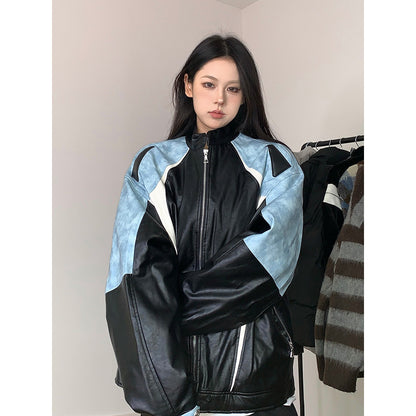 American color matching motorcycle jacket girls' spring and autumn 2024 New loose trendy windproof jacket casual top