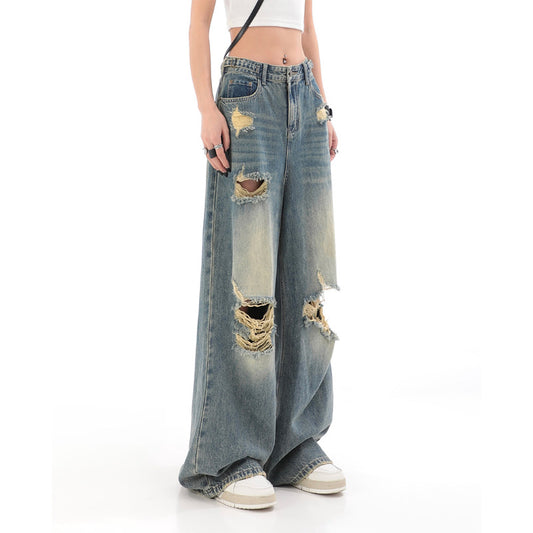 American high street black ripped jeans Women's Spring and Autumn New ins fashion brand straight loose mop wide-leg trousers