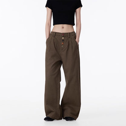 Summer new American style distressed design button workwear casual pants women's loose straight ruffle handsome wide-leg pants