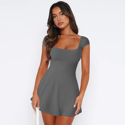 Amazon hot sale y2g elegant square collar match waist trimming lace up sexy backless hot girl High sense summer dress