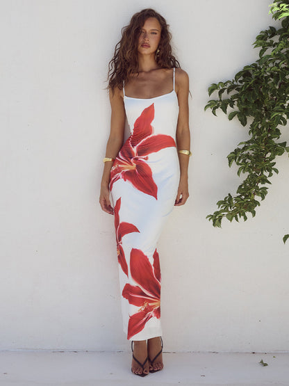 Foreign trade boutique summer sexy suspender skirt digital printing slim high waist sheath fashion beach travel dress