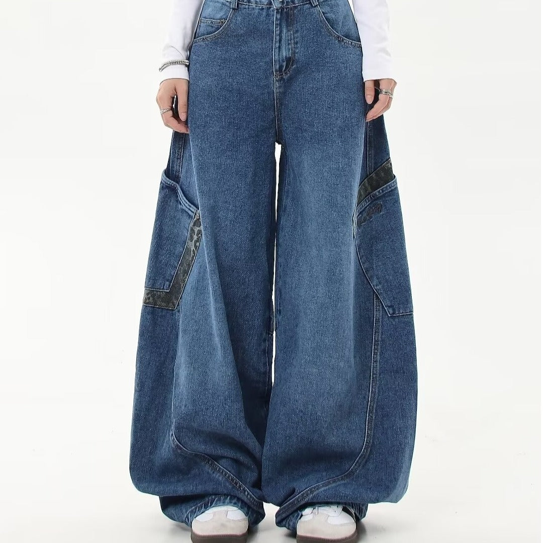 2024 spring and autumn American vintage leopard print stitching large workwear with pocket jeans men and women wide leg banana Matchet pants