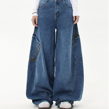 2024 spring and autumn American vintage leopard print stitching large workwear with pocket jeans men and women wide leg banana Matchet pants