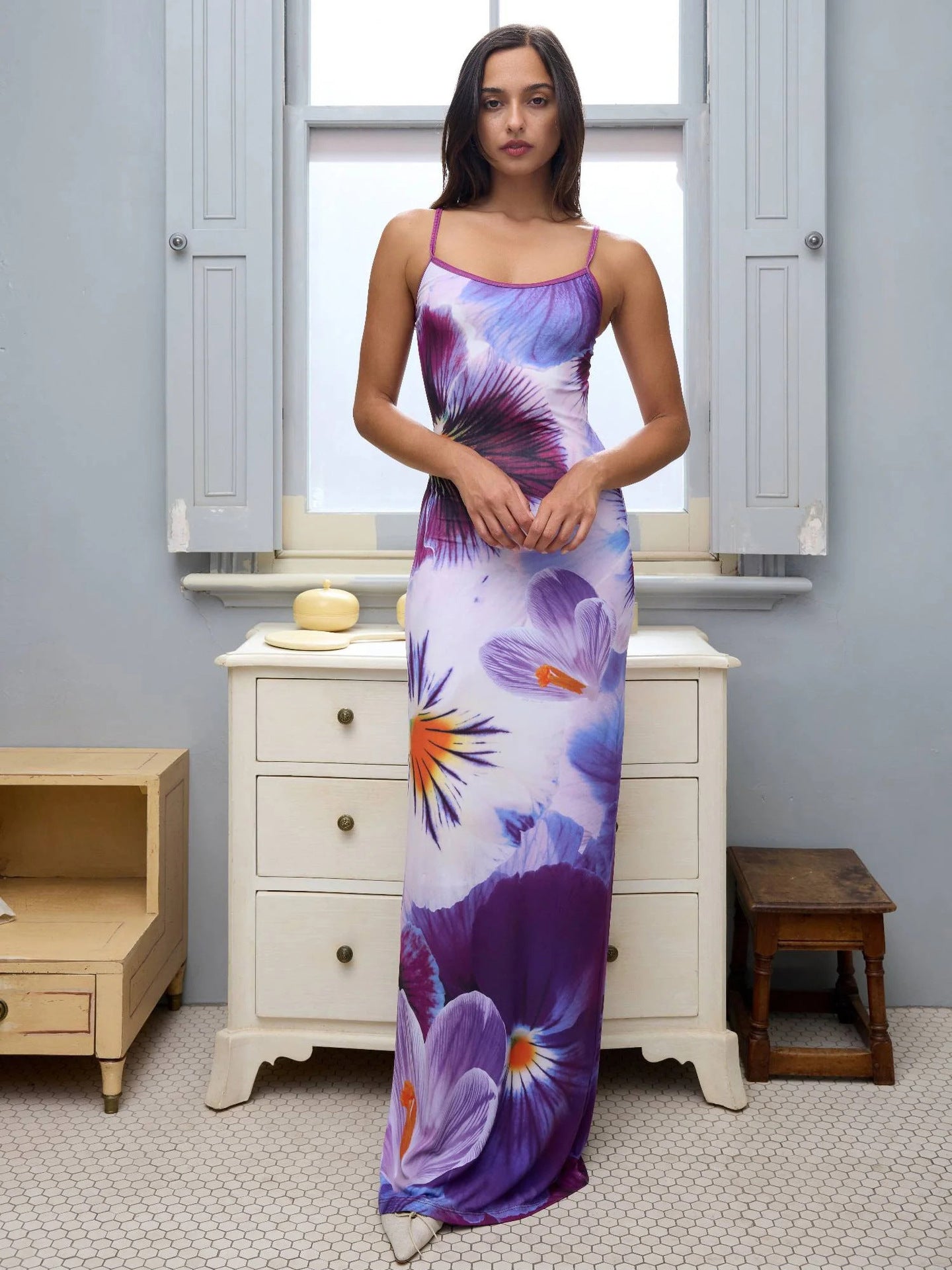 Foreign trade boutique summer sexy suspender skirt digital printing slim high waist sheath fashion beach travel dress