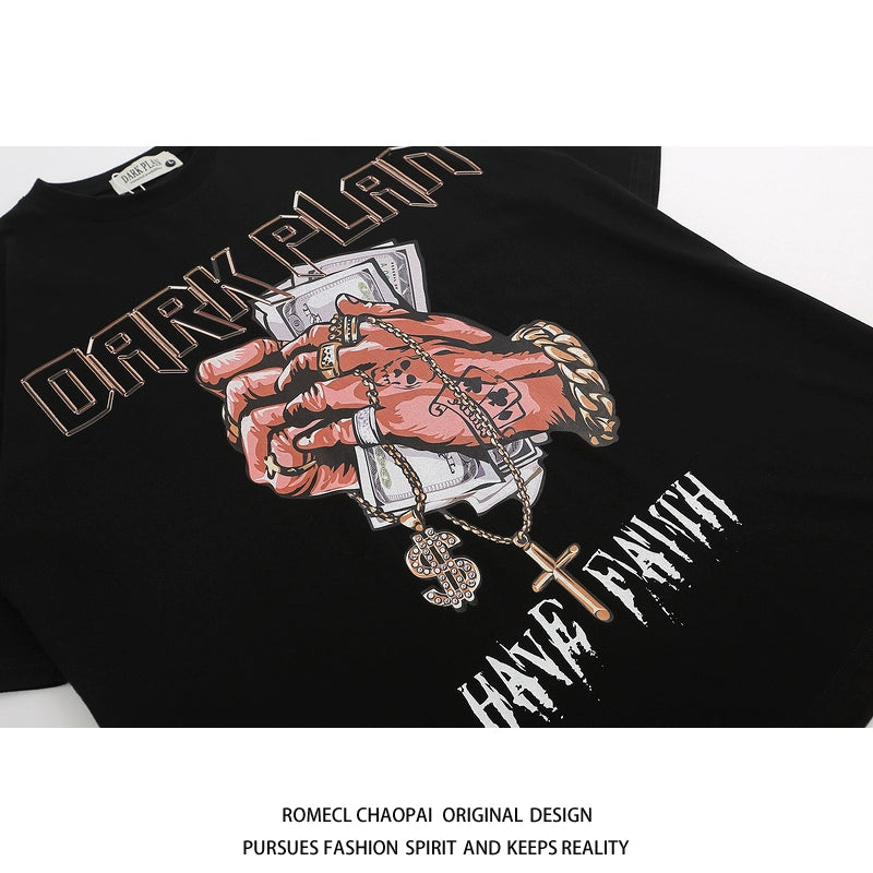 Romecl Hip Hop Rap Hip Hop Chic Fun Vintage Hand-Held USD Print Men's and Women's Short Sleeve T-shirt Trendy