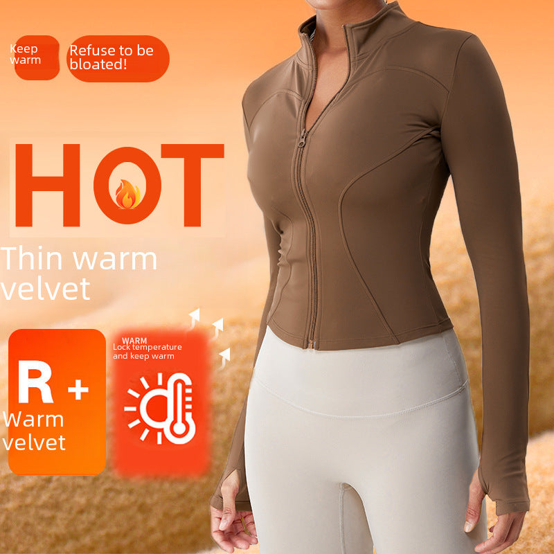 European and American autumn winter thermal velvet long-sleeved yoga jacket women's outdoor sports zipper yoga clothes Slim workout top