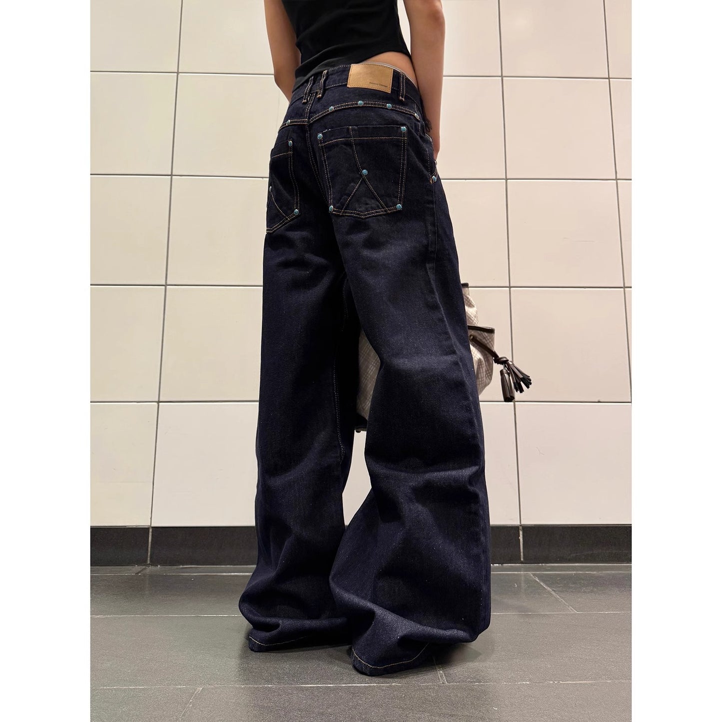 Summer new American Retro denim primary color turquoise machete jeans for women A- line straight wide-leg pants