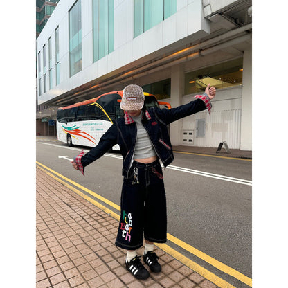 American retro plaid stitching Denim short coat for women Spring and Autumn new small tooling shoulder polo collar jacket