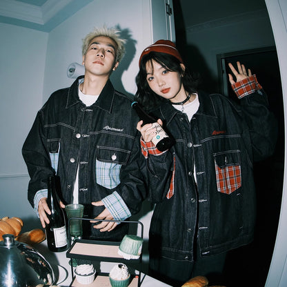 Japanese style line color-contrast check pocket patchwork denim jacket women's autumn and winter new fashion brand polo collar jacket top