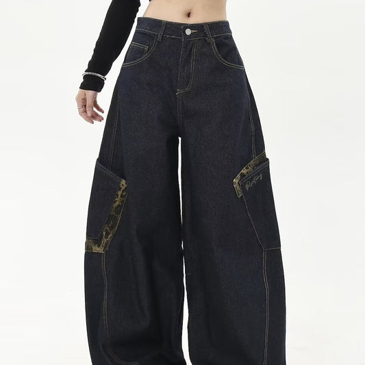 2024 spring and autumn American vintage leopard print stitching large workwear with pocket jeans men and women wide leg banana Matchet pants