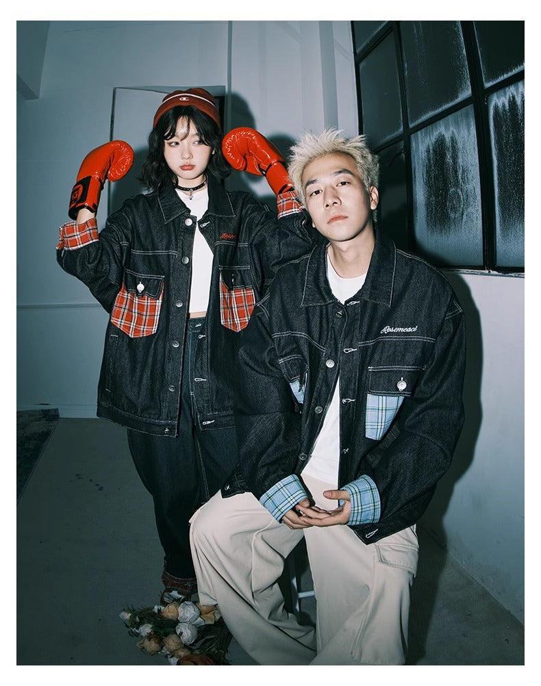 Japanese style line color-contrast check pocket patchwork denim jacket women's autumn and winter new fashion brand polo collar jacket top