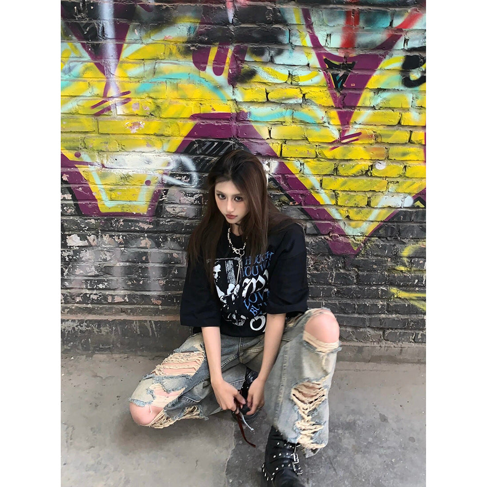 Waste soil style ripped jeans women's summer American retro blue High Street straight loose distressed wide-leg pants tide