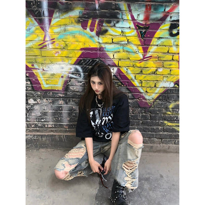 Waste soil style ripped jeans women's summer American retro blue High Street straight loose distressed wide-leg pants tide