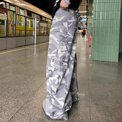 High street camouflage washed wide-leg machete jeans women's summer New loose American style trend straight long pants fashion