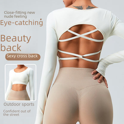 New European and American quick-drying seamless long sleeve yoga wear women's cross back yoga jacket running sports workout clothes