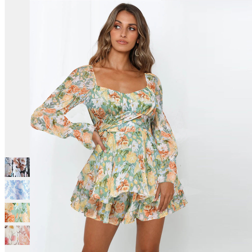 Hot-selling floral-print one-piece split skirt French square collar jumpsuit elegant ruffle pantskirt lace-up casual pants Women's