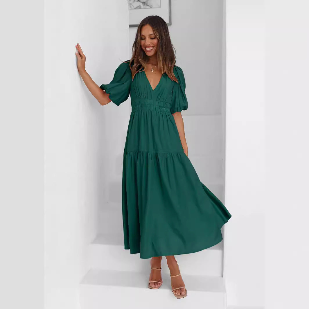 Amazon new dress high-grade long dress ruffled lantern sleeves V-neck holiday beach dress foreign trade women's clothing