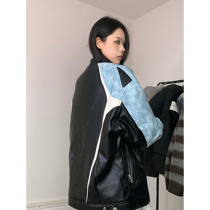 American color matching motorcycle jacket girls' spring and autumn 2024 New loose trendy windproof jacket casual top