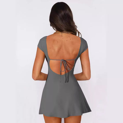 Amazon hot sale y2g elegant square collar match waist trimming lace up sexy backless hot girl High sense summer dress