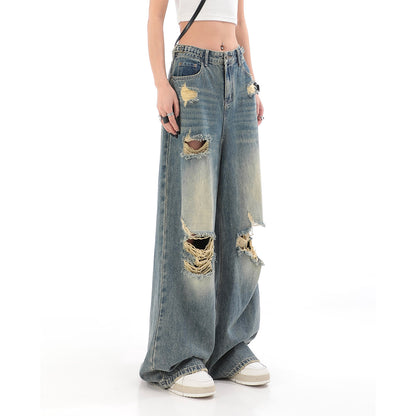 American high street black ripped jeans Women's Spring and Autumn New ins fashion brand straight loose mop wide-leg trousers