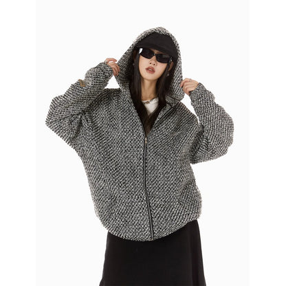 High-grade woven texture design sense sweater cardigan Women's American style 2024 hooded coat women's spring and autumn coat fashion
