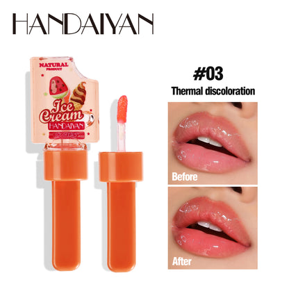 handaiyan Han Daiyan cross-border ice cream moisturizing lip gloss moisturizing transparent pearlescent color changing full lips lip gloss