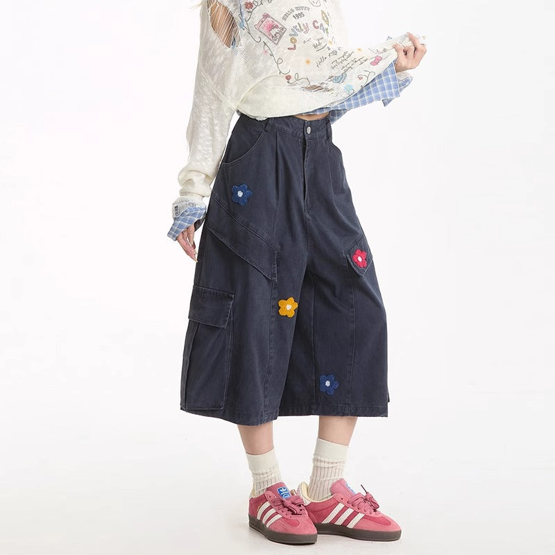 American flower towel embroidery design sense workwear cropped pants women's New straight summer lazy jeans