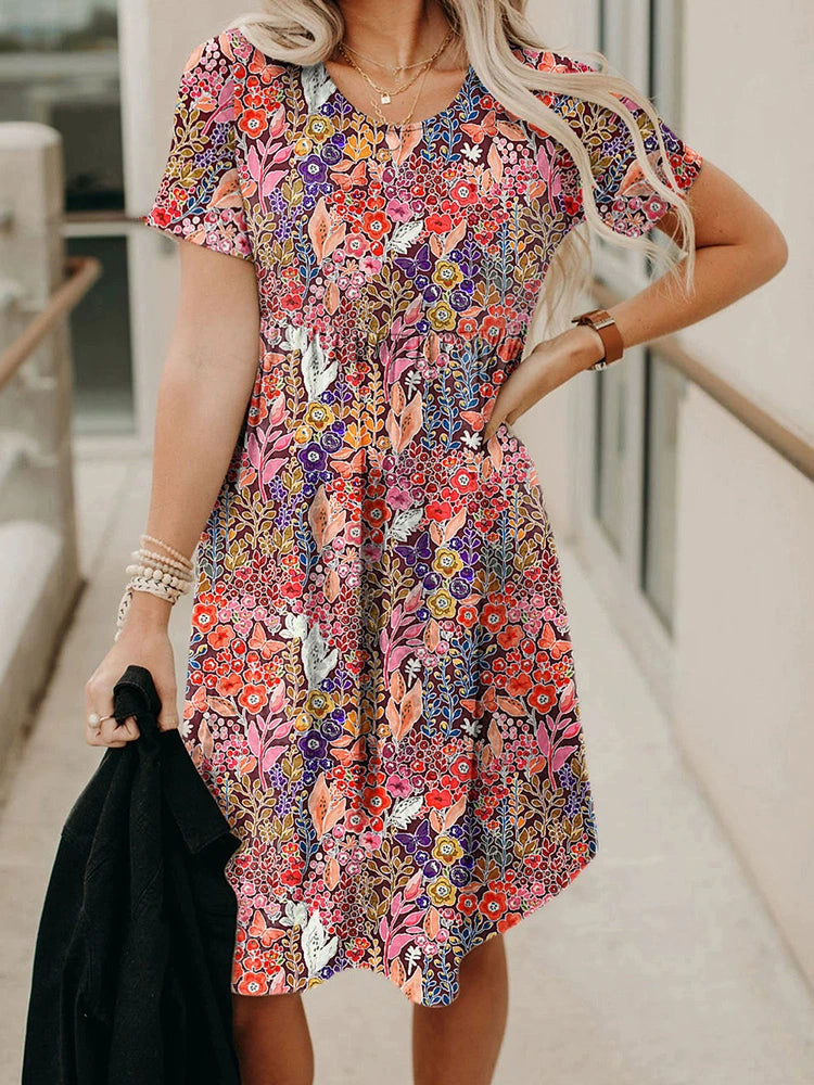 Plant Short Sleeve Dress Slim Looking All-Match Floral Print