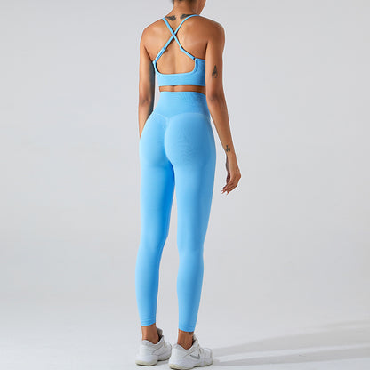 European and American new seamless yoga clothes suit women's cross beauty back exercise underwear Peach Hip Lift quick-drying yoga pants