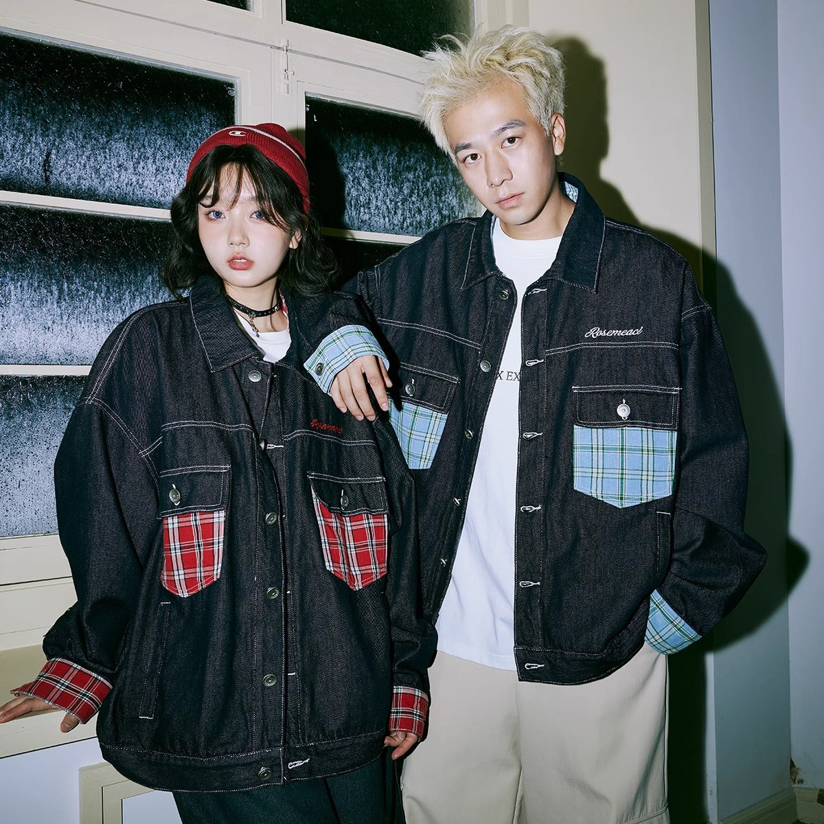 Japanese style line color-contrast check pocket patchwork denim jacket women's autumn and winter new fashion brand polo collar jacket top